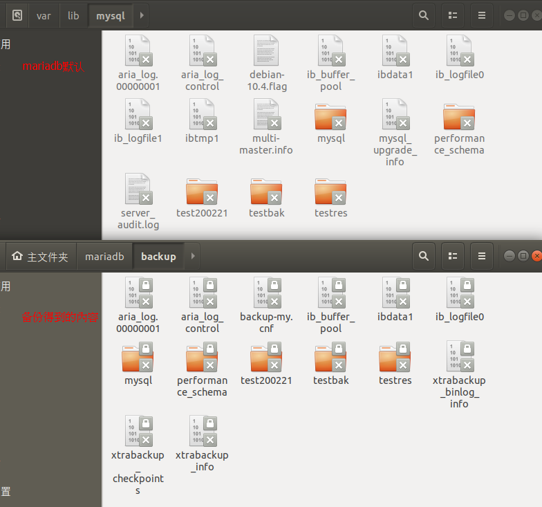 备份的活页夹和原始数据库的活页夹的比较