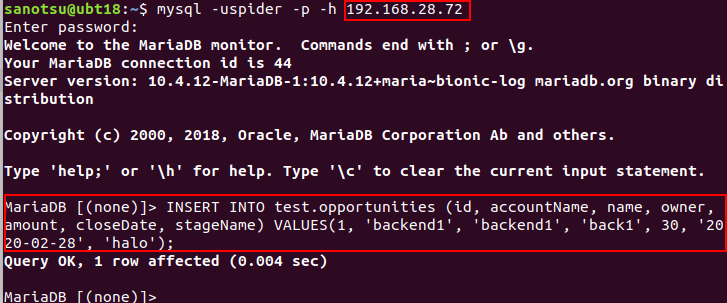 在backend1中test.opportunities插入一條數據